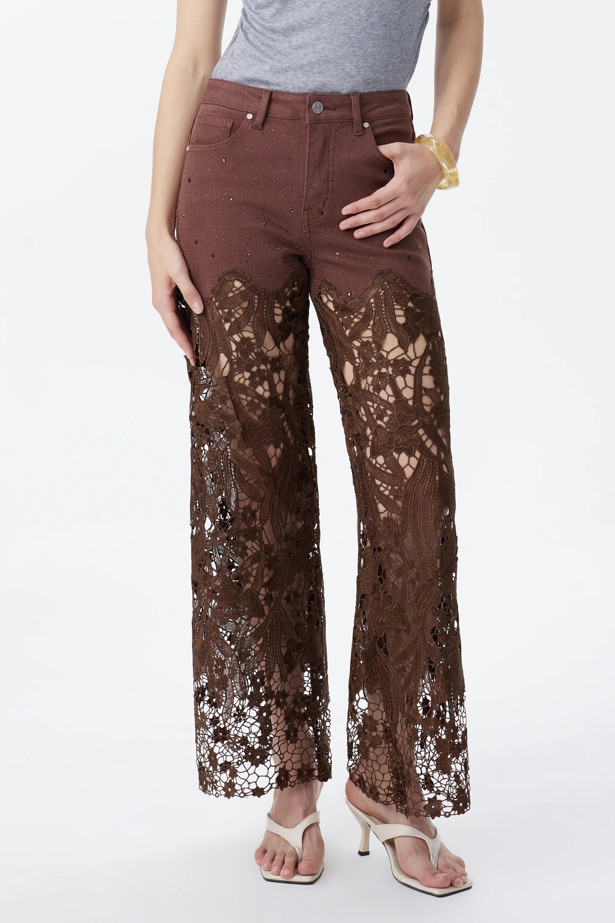 HIGH RISE LACE WIDE LEG PANTS