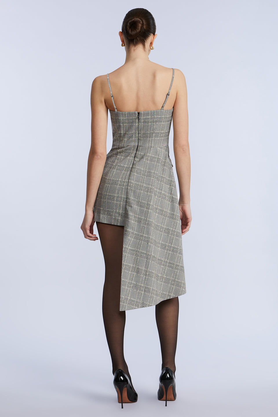 GLEN PLAID DRESS W/ DRAPE