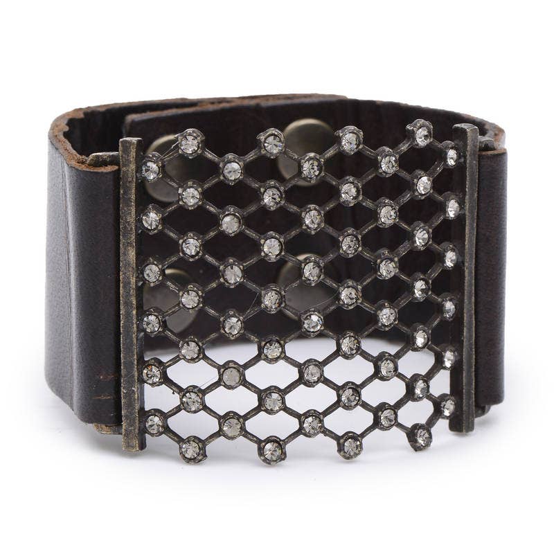 Crystal Mesh Leather Bracelet: Black w Black Diamond