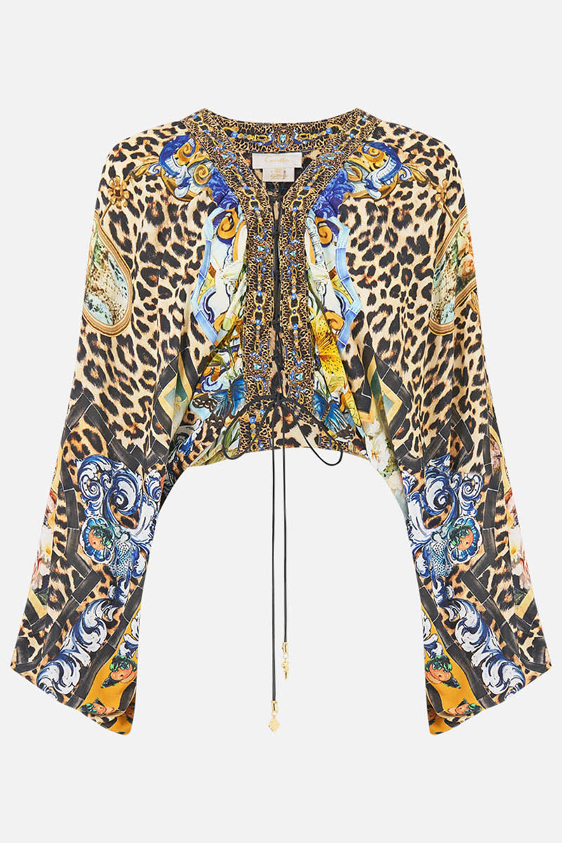 LACE UP FRONT BLOUSON SLEEVE BLOUSE