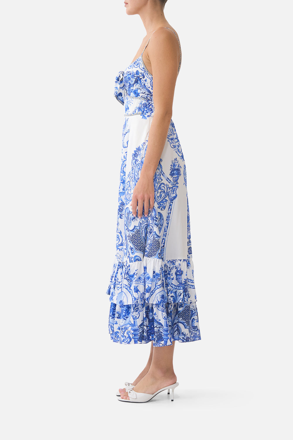 RUFFLE HEM TIE FRONT MIDI DRESS