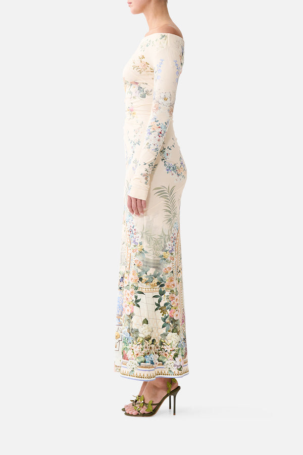 OFF SHOULDER GATHERED JERSEY DRESS