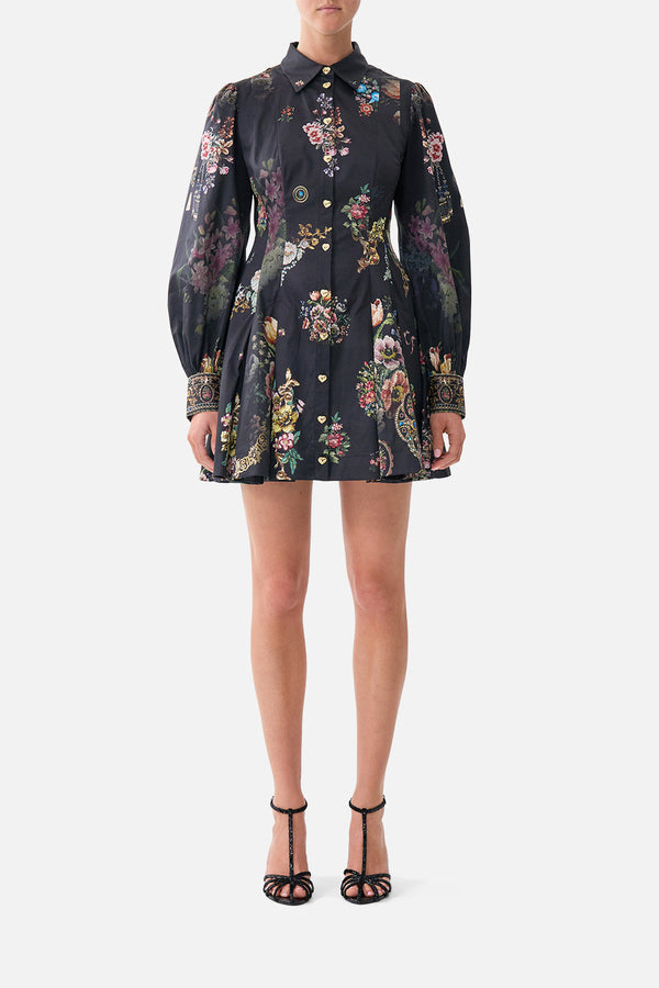 CAMILLA | Short Button Front Shirt Dress Night Garden, M Black | Night GARDEN