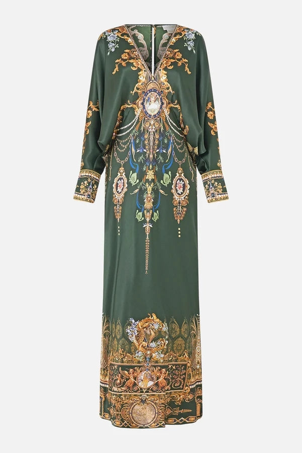 PLUNGE NECK DRAPED SHOULDER DRESS