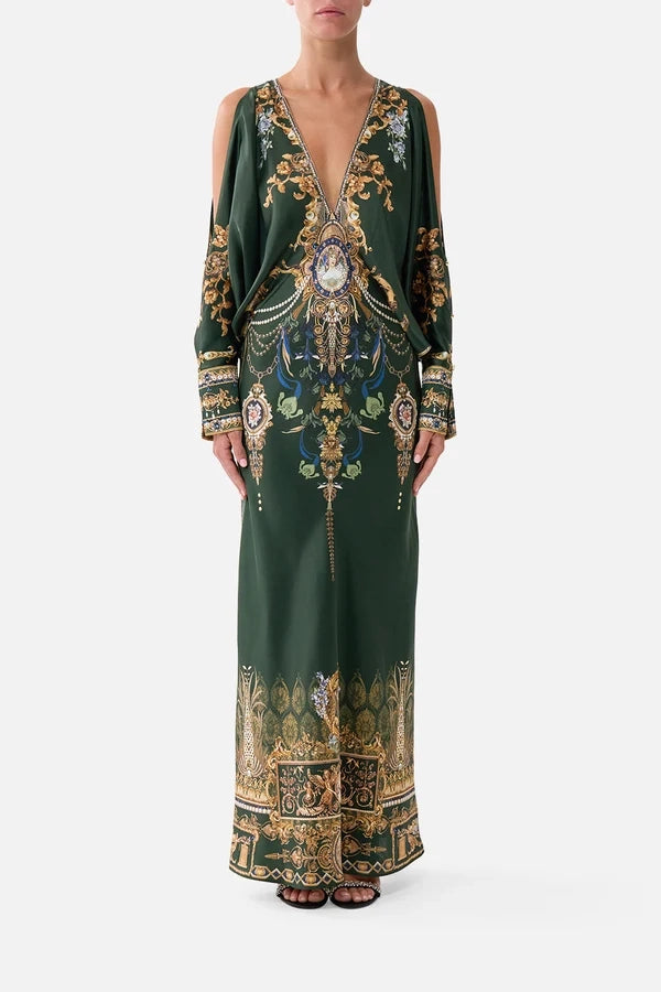 PLUNGE NECK DRAPED SHOULDER DRESS