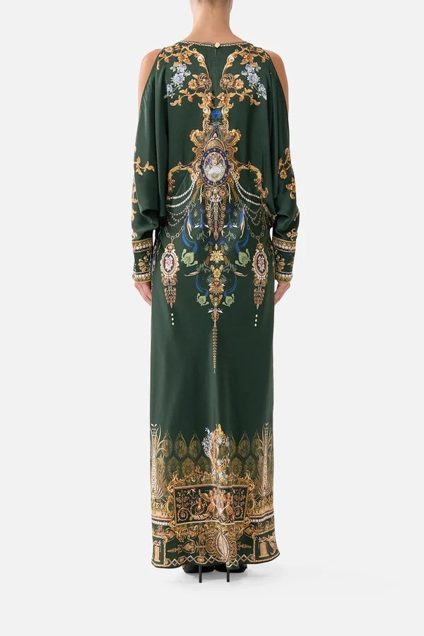 PLUNGE NECK DRAPED SHOULDER DRESS