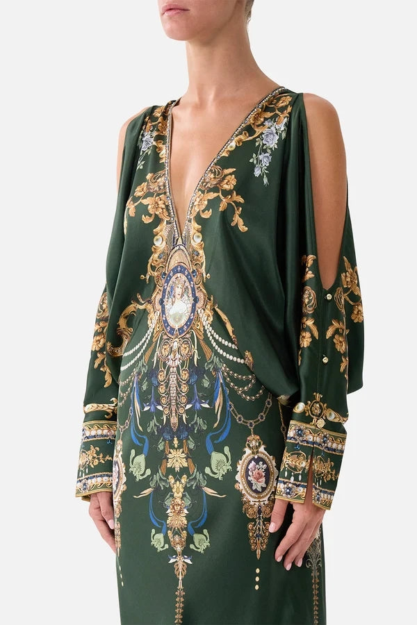PLUNGE NECK DRAPED SHOULDER DRESS