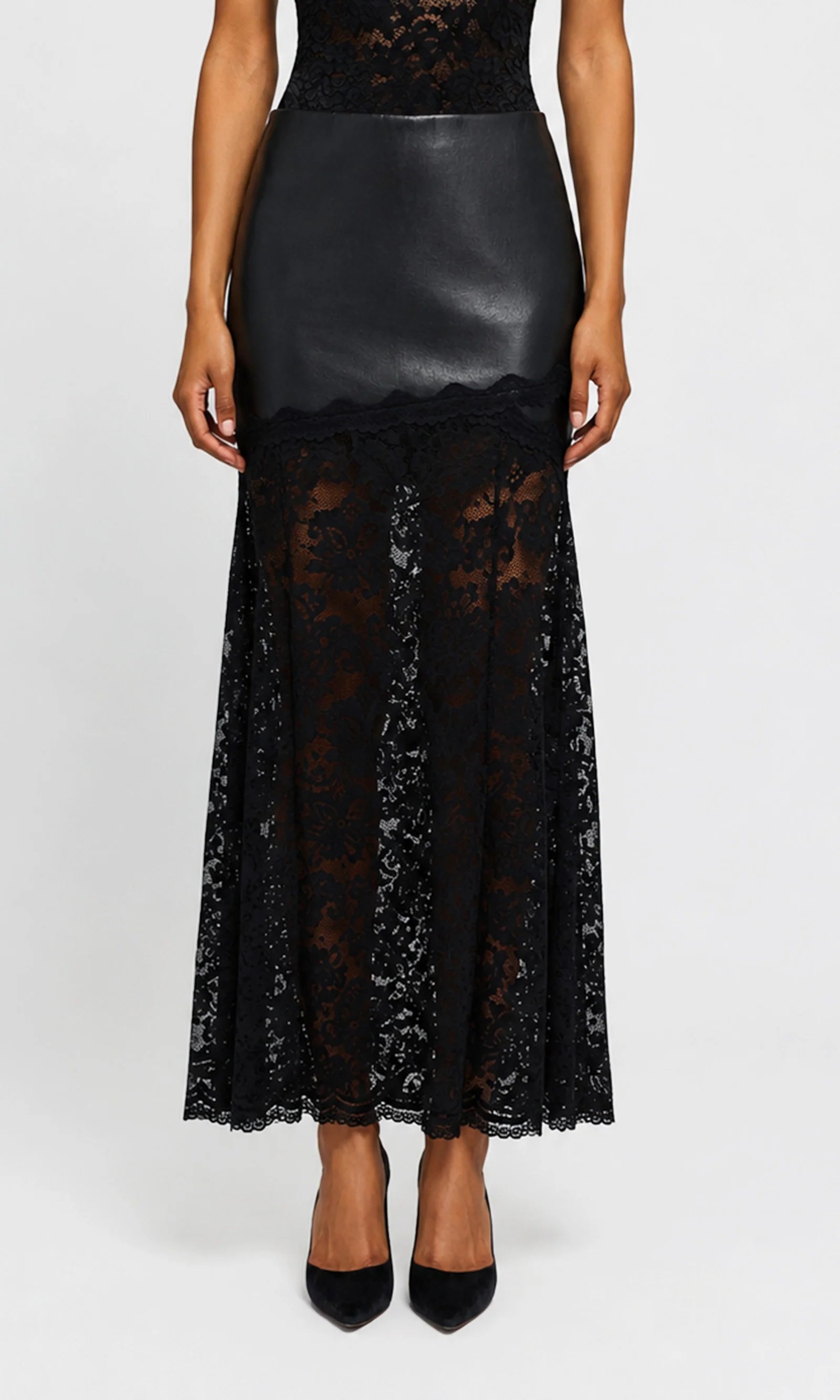 PERRINE LACE COMBO VEGAN LEATHER SKIRT