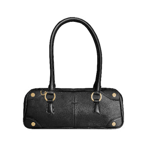 Black handbag with gold accents on a white background