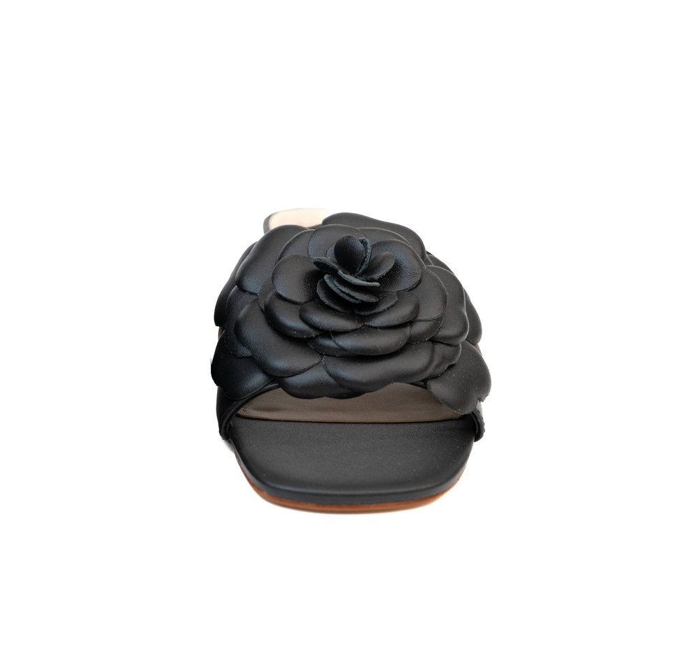 ROSE LEATHER FLOWER WOOD HEEL SANDAL