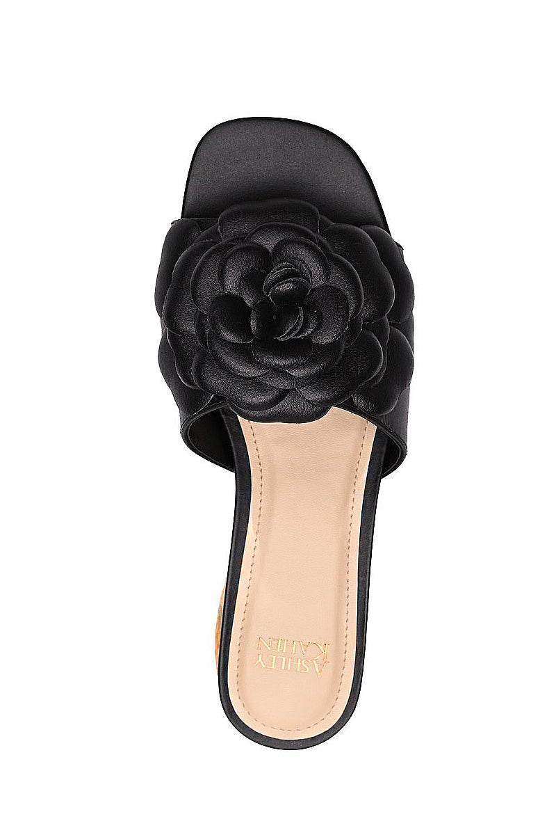 ROSE LEATHER FLOWER WOOD HEEL SANDAL