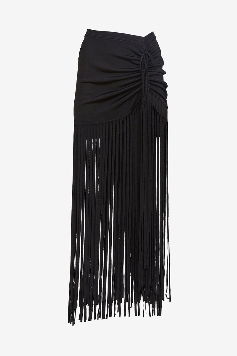 AMALIA RUCHED MINI SKIRT WITH FRINGE