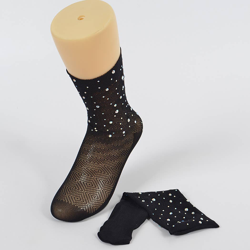 Rhinestone Mesh Socks: BK