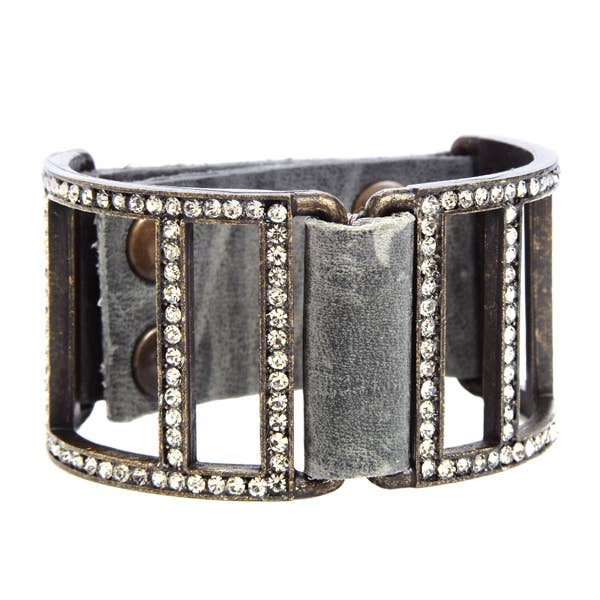 Double Sided Open Lined Crystal Leather Bracelet: Grey w Black Diamond