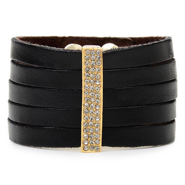Pave Crystal Bar Leather Bracelet in Gold Finish: Black w Black Diamond