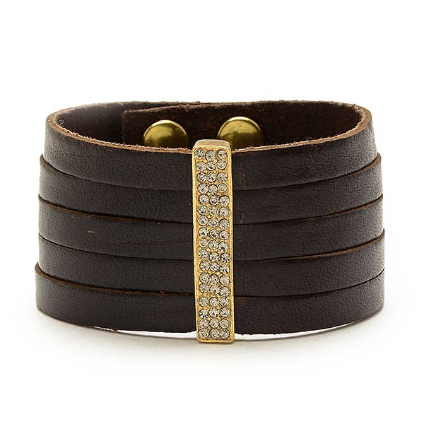 Pave Crystal Bar Leather Bracelet in Gold Finish: Vintage Brown w Black Diamond