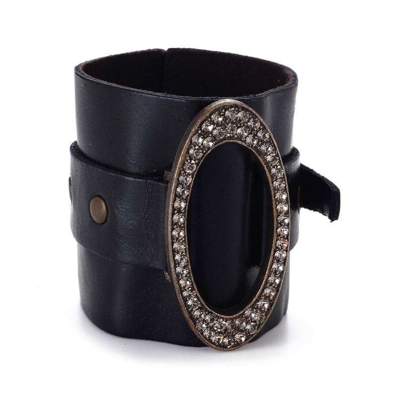 Wide Leather Cuff with Oval Metal Center: Black w Black Diamond