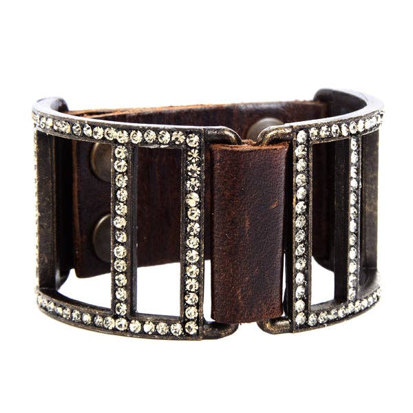 Double Sided Open Lined Crystal Leather Bracelet