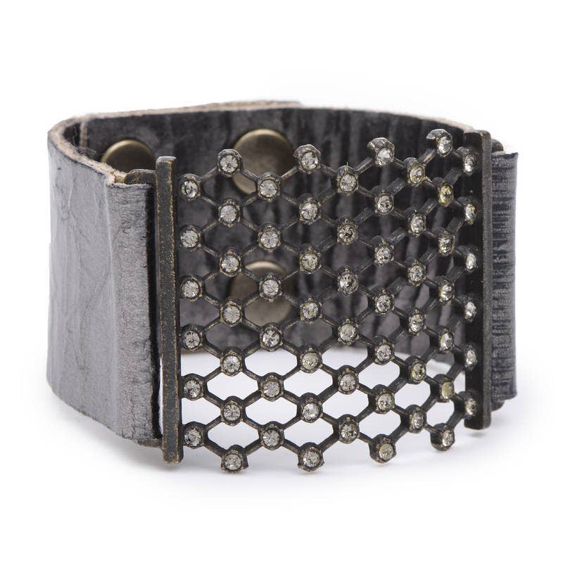 Crystal Mesh Leather Bracelet - Grey Metallic