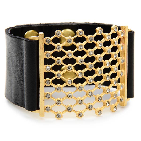 Mesh Leather Bracelet in Gold: Vintage Brown w Black Diamond