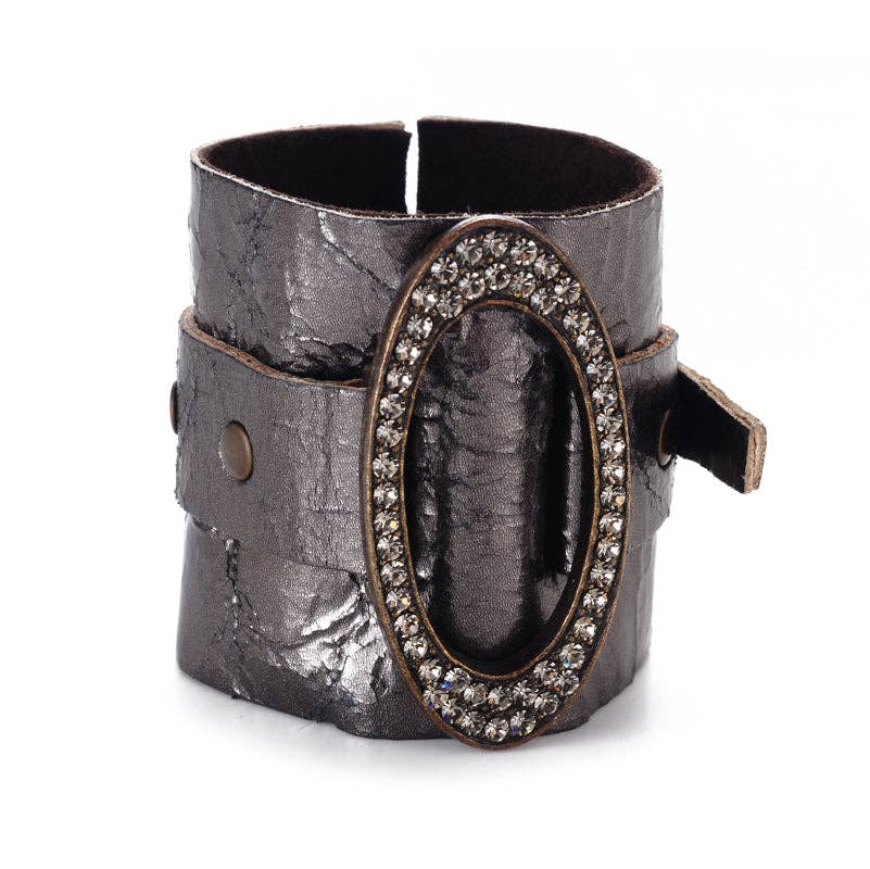 Wide Leather Cuff with Oval Metal Center: Grey Metallic w Black Diamond