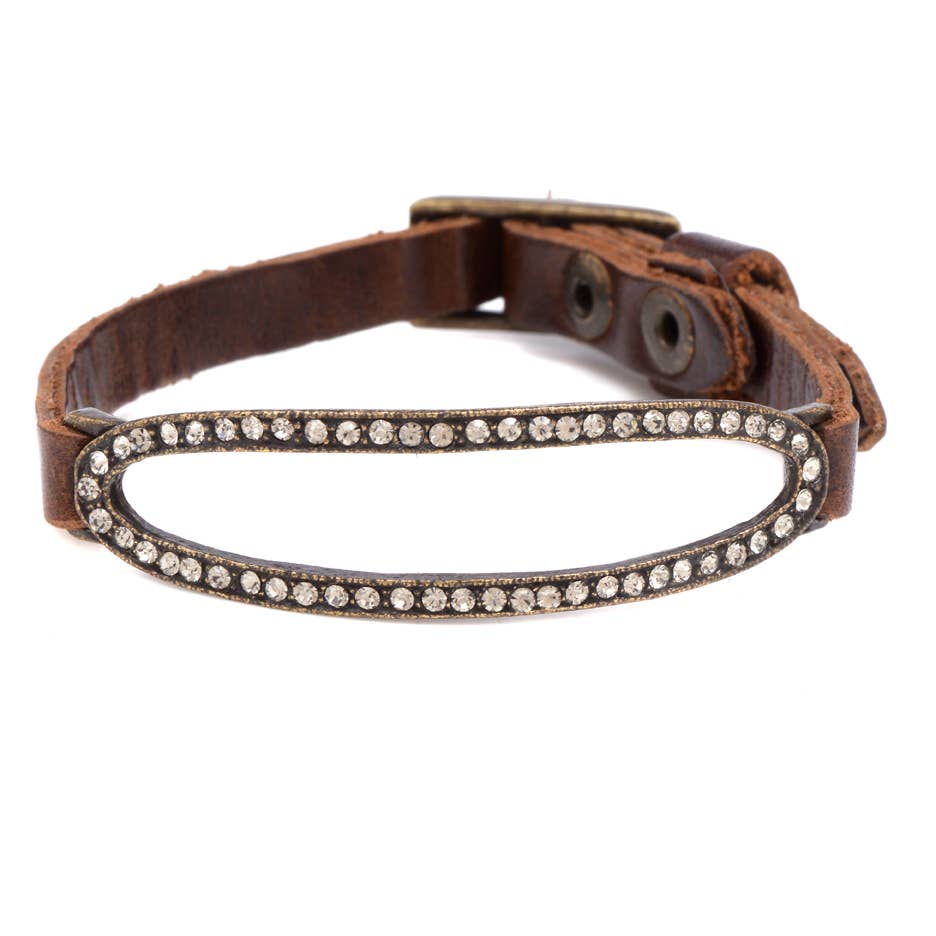 Pave Skinny Horizontal Oval Bracelet in Antique Brass: Vintage Brown w Black Diamond